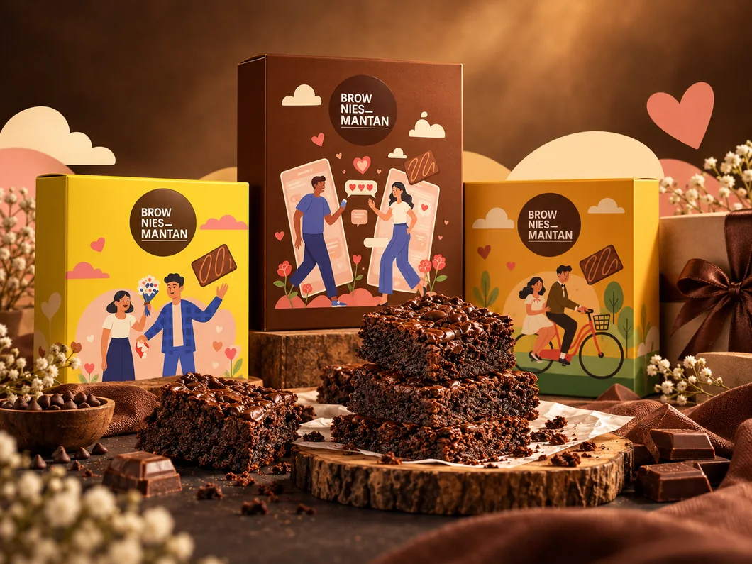 Konsep sajian brownies dan tiga kemasan sebagai buah tangan